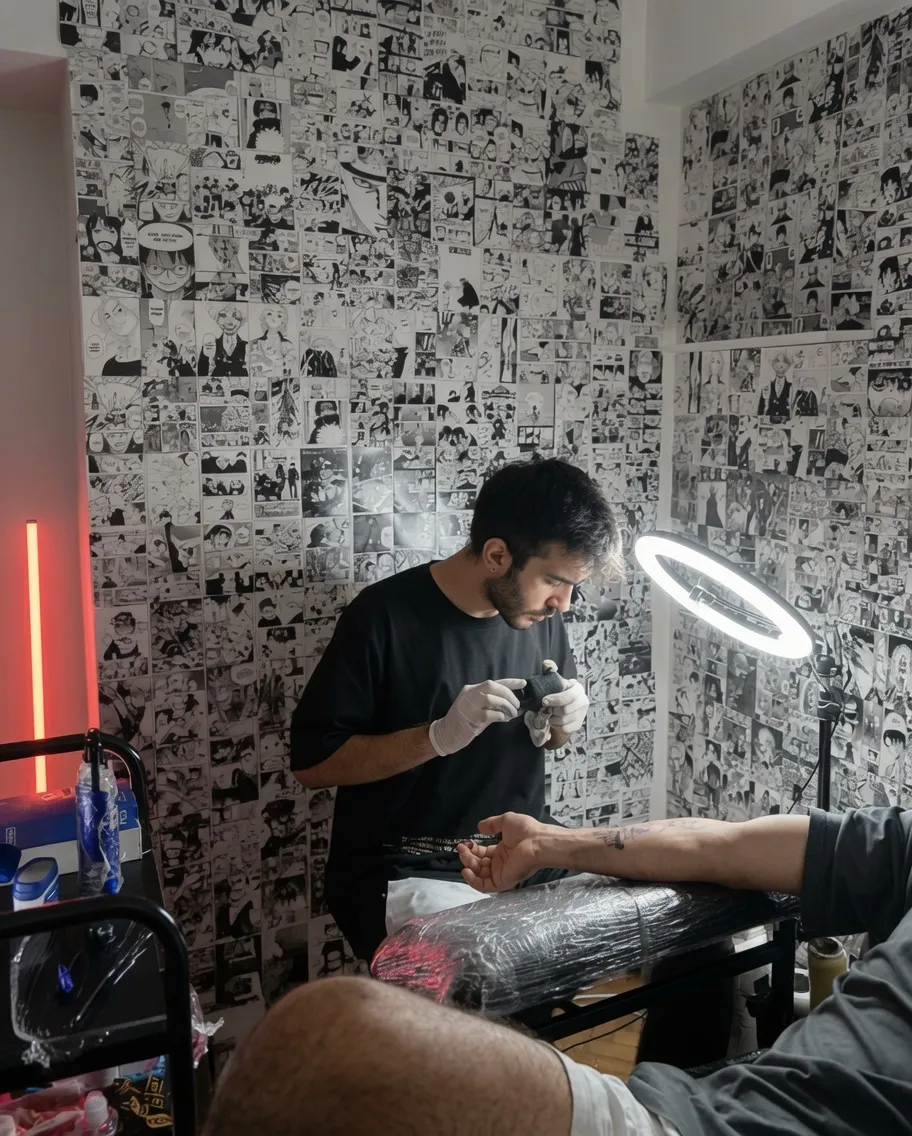 Emirhan Peker, AYS Tattoo stüdyosunda dövme çalışması yaparken
